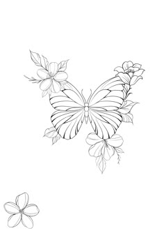 a black and white drawing of a butterfly with flowers on it's back side