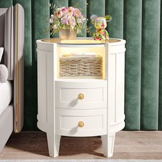 2-Drawer Nightstand with LED Light, Modern Side Table with Glass Tabletop Tribesigns White Night Stand, Side Table With Glass, Led Bedside Table, Round Nightstand, Side Tables For Bedroom, Side Table Decor, Bedside Tables Nightstands, Modern Bedside Table, Bedroom Setup