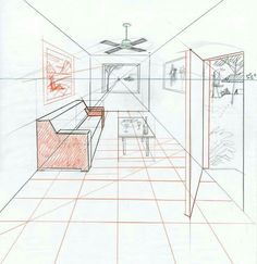 a drawing of a living room with red lines on the walls and ceiling fan above it