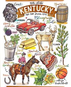 kentucky state map with various things to see and do in the country, including a car