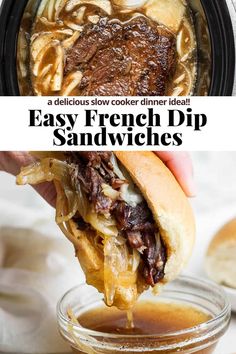 an image of french dip sandwiches being dunked into a slow cooker with text overlay that reads easy french dip sandwiches