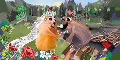 two animals are standing in the grass with flowers on their heads and one is looking at another