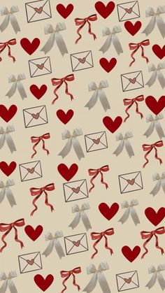 hearts and envelopes on a white background with red ribbon, bows and bowes