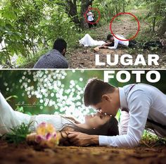 there are two pictures with people in the woods and one has a woman laying on the ground