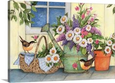 a painting of flowers and birds in front of a window with potted planters