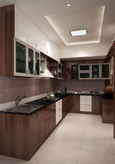 a modern kitchen with wooden cabinets and black counter tops, along with white tile flooring