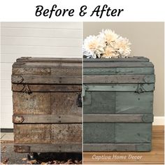 the before and after of an old trunk turned into a flower vase with flowers on top