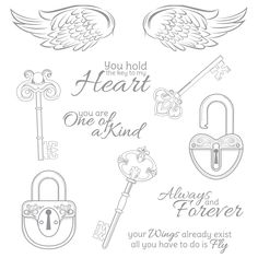 a set of stamps with the words you hold my heart, one of kind and two locks