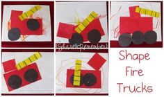 four pictures of fire truck made out of construction paper with the words shape fire trucks