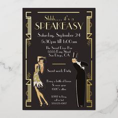 a black and gold speakeasy party with an art deco design on the front