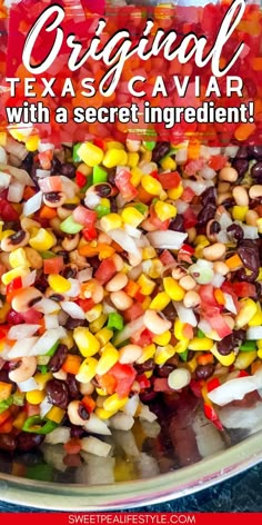 a bowl full of candy corn with the words original texas caviar