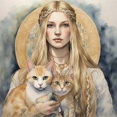 a painting of a woman with long blonde hair holding a cat in her lap and looking at the camera