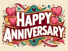 happy anniversary card with hearts and ribbon