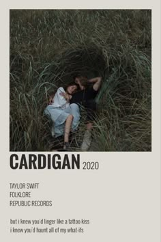 an ad for cardigan featuring two people laying in tall grass