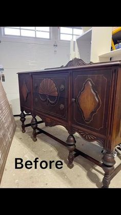 the before and after photo shows an old dresser with wood carvings on it's sides