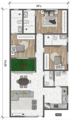 the floor plan for an apartment with three rooms and two bathrooms, including one bedroom