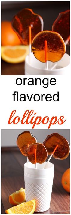 orange flavored lollipops are in cups with spoons sticking out of them