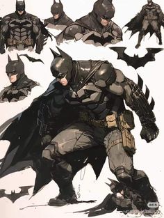 the concept art for batman's costume is shown in various poses and positions, including his