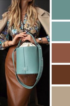 a woman is holding a purse in front of her body and color swatches on the side