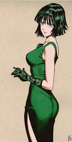 a drawing of a woman in a green dress with her hand on her hip and wearing gloves