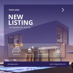 an advertisement for a new listing website with the image of a house and swimming pool