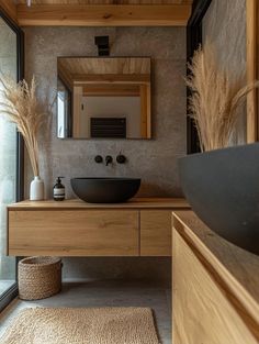 Natural Wood Vanity Decor in Japandi Style Bathroom Decor Japandi, Japandi Interior Bathroom, Bathroom Vanity Japandi, Bathroom Wood Vanity Ideas, Minimalist Bathroom Vanity Ideas, Bathroom With Natural Wood Vanity, Scandinavian Home Decor Ideas, Concrete And Wood Bathroom, Tranquil Bathroom Ideas