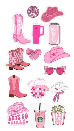 pink stickers with cowboy hats, boots and drinks