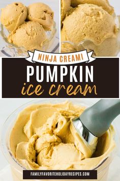 pumpkin ice cream in a glass bowl with the title above it and an image of two scoops