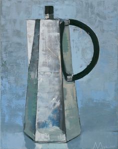 an abstract painting of a silver and black coffee pot on a blue background with the lid down