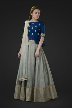 Blouse Designs For Lehenga Choli, Long Blouse Designs For Lehenga, Blouse Designs For Lehenga, Blue Grey Dress, Long Blouse Designs, Lehnga Dress, Lehenga Blouse Designs, Grey Skirt, Stylish Blouse Design