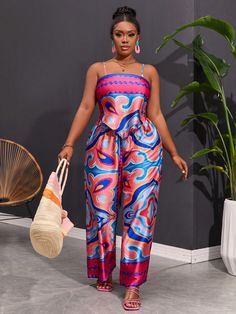 Multicolor Boho Collar   Graphic,All Over Print,Textured Pattern  Embellished Non-Stretch  Women Plus Clothing Co Ords Outfits Plus Size, Spring Vacation Multicolor Pant Set, Summer Printed Wide Leg Sets, Red Jumpsuits Outfit, Summer Multicolor Two-piece Pant Set, Fitted Multicolor Printed Pant Set, Casual Multicolor Two-piece Pants Set, Jumpsuit Outfit