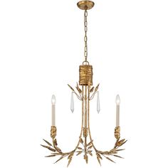 a gold chandelier with three candles hanging from the bottom and one light on top