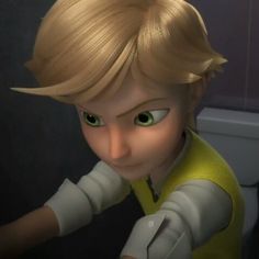 a cartoon character with blonde hair and green eyes