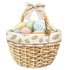 a basket filled with easter eggs on top of a white table next to a bow