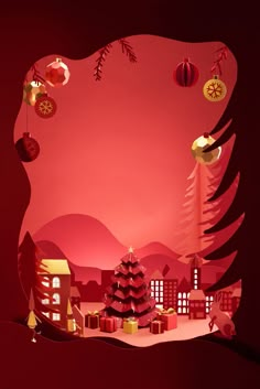 a christmas scene with red and gold ornaments hanging from the ceiling, trees and buildings in the background