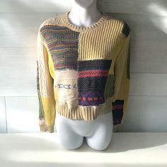 Re/Done Assorted Color Cropped Round Neck Sweater Upcycled Patchwork 100% Cotton Sweater Upcycle, Multicolor Patchwork Sweater One Size, Fitted Multicolor Patchwork Sweater, Vintage Crew Neck Patchwork Sweater, Vintage Multicolor Color Block Sweater, Vintage Multicolor Acrylic Sweater, Round Neck Sweaters, Cropped Sweater, Round Neck