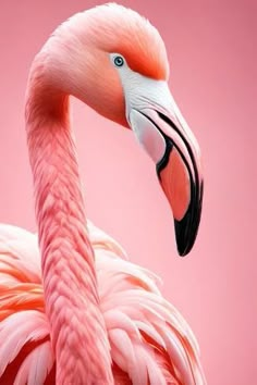 a pink flamingo standing in front of a pink background