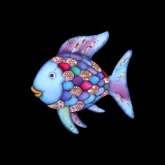 a blue and purple fish with lots of sparkles on it's body,