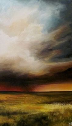 an oil painting of a cloudy sky over a field