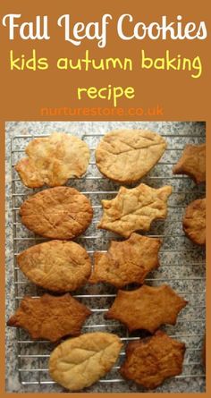 fall leaf cookies on a cooling rack with text overlay that reads, autumn baking recipe