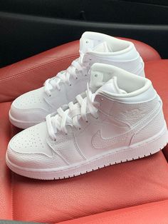 WMNS Air Jordan 1 Mid "Triple White Patent Leather" White High-top Sneakers With Embossed Logo, Modern White High-top Sneakers With Embossed Logo, Air Jordan 1 For Women, Jordan 1 For Women, Jordan 1 Aesthetic, Jordan 1 Mid Triple White, Wmns Air Jordan 1, Jordan Ones, White Jordans