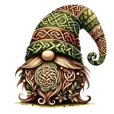 a green and brown gnome hat on top of a white surface with celtic symbols around it