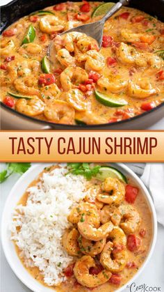 two pictures showing different types of shrimp and rice in a white bowl with the words tasty cajun shrimp