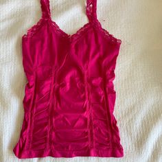 New Unworn No Tags Fitted Ruched Camisole Top, Stretch Ruched Camisole, Pink Fitted Cami Tank Top, Stretch Ruched Camisole Tank Top, Ruched Stretch Tank Top, Hot Pink Tank Top, Pink Tank Top Y2k, Pink Y2k Tank Top, Pink Fitted Y2k Camisole