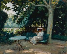 a painting of a woman sitting on a bench under a tree in a park area