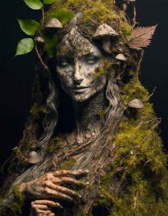 a woman is covered in moss and leaves