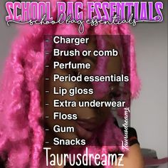 a woman with pink hair has her face covered in makeup and the words school bag essentials