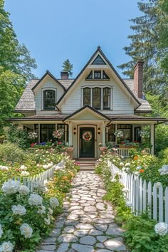 a white house surrounded by flowers and greenery