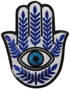 a blue hamsa with an eye on it's palm and leaves in the middle