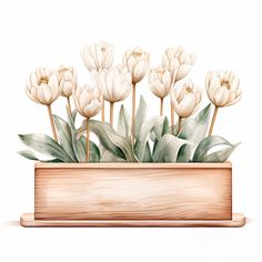 a wooden box filled with white flowers on top of a table